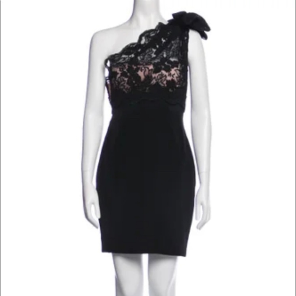MARCHESA NOTTE black lace one shoulder mini dress